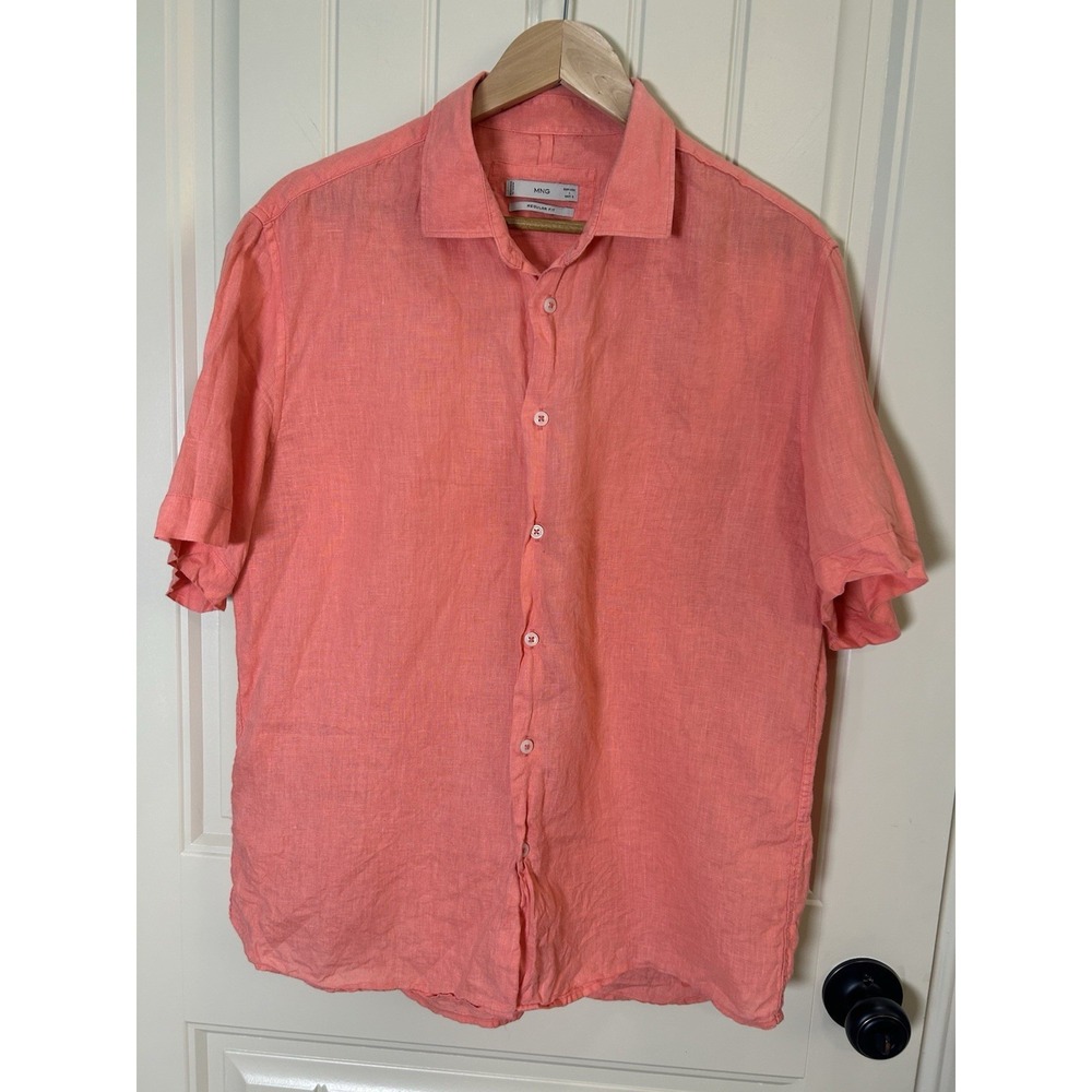 MNG Men's 100% Linen Short Sleeve Shirt Coral  Minimalist Resort Coastal Beach